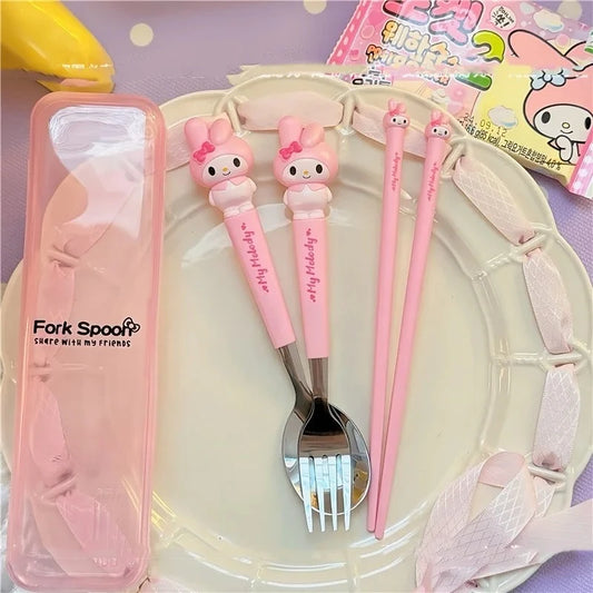 Sanrio Kuromi Hello Kitty Melody Kids Chopsticks Spoon Fork Set Cinnamoroll Stainless Steel Cutlery Set Students Gifts Tableware
