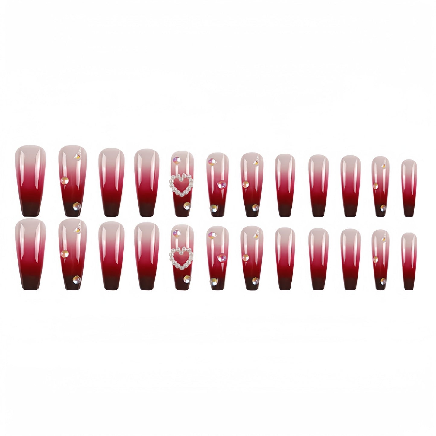 Pearl Heart Wine Red Gradient Wear Fake Nail Tip