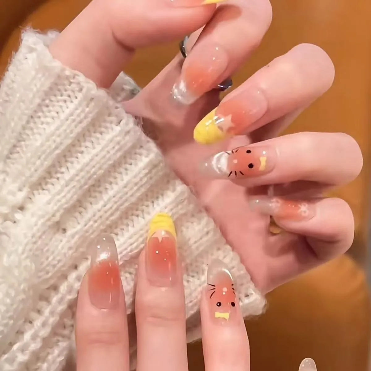 10PCS Handmade Wearable Nails Kit With Adhesive, Dopamine Candy Color Rainbow Removable False Nail, Student Girl Nail Decor Art