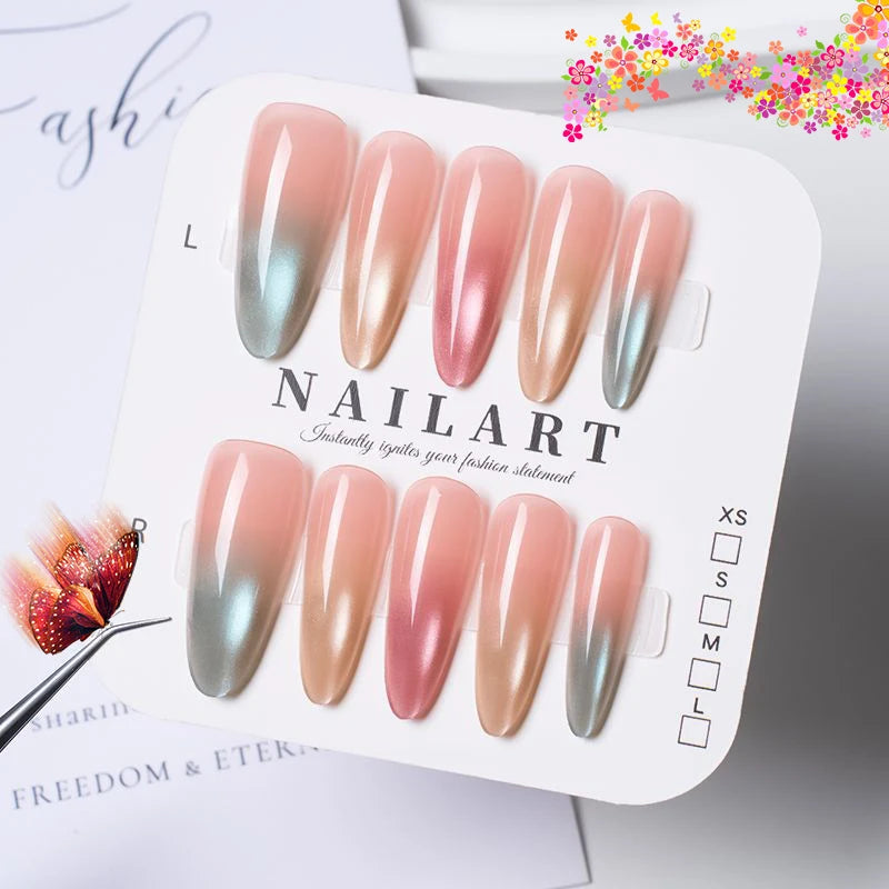 10PCS Handmade Wearable Nails Kit With Adhesive, Dopamine Candy Color Rainbow Removable False Nail, Student Girl Nail Decor Art