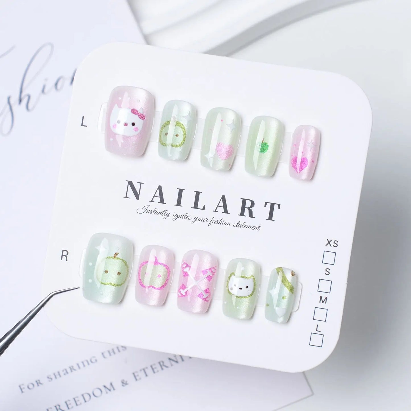 10PCS Handmade Wearable Nails Kit With Adhesive, Dopamine Candy Color Rainbow Removable False Nail, Student Girl Nail Decor Art